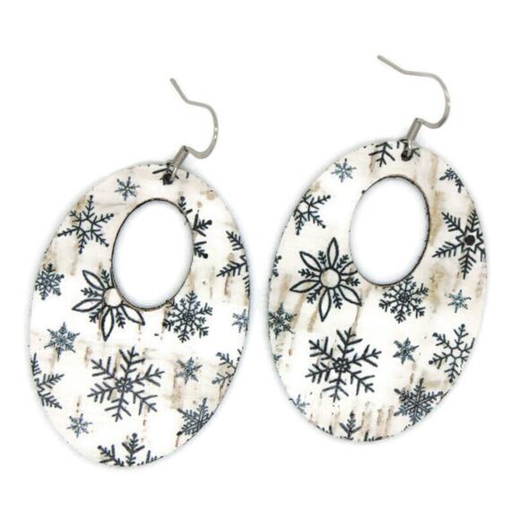 5/$25Cork on Leather Oval Snowflake Winter Christmas Lightweight Earrings - Picture 2 of 4